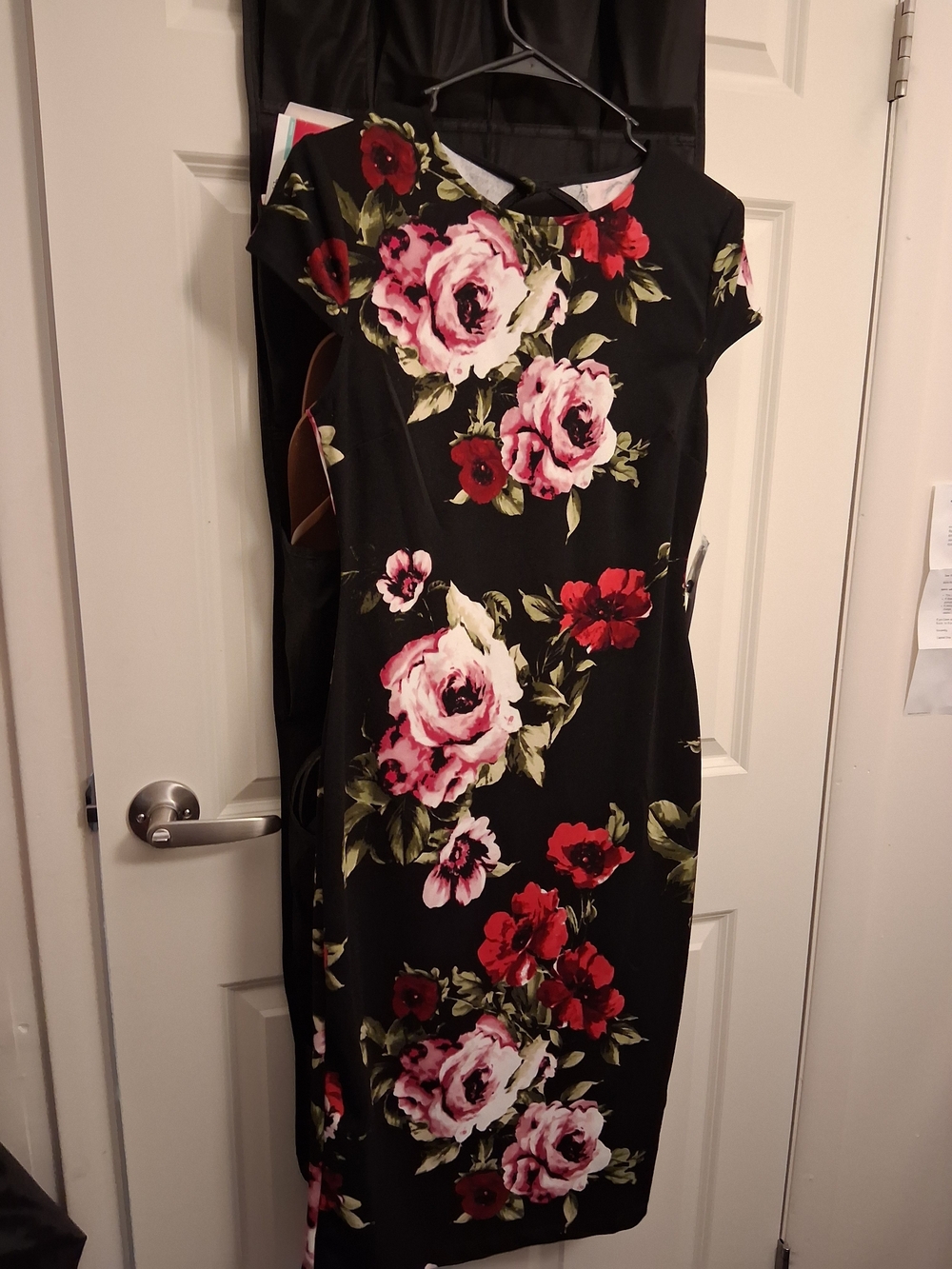 Premier Black Midi Dress with Pink and Red Floral Print